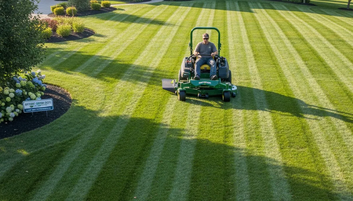 Commercial mower cutting precise striped lawn patterns at Detroit, MI property by Chop Chop Landscaping