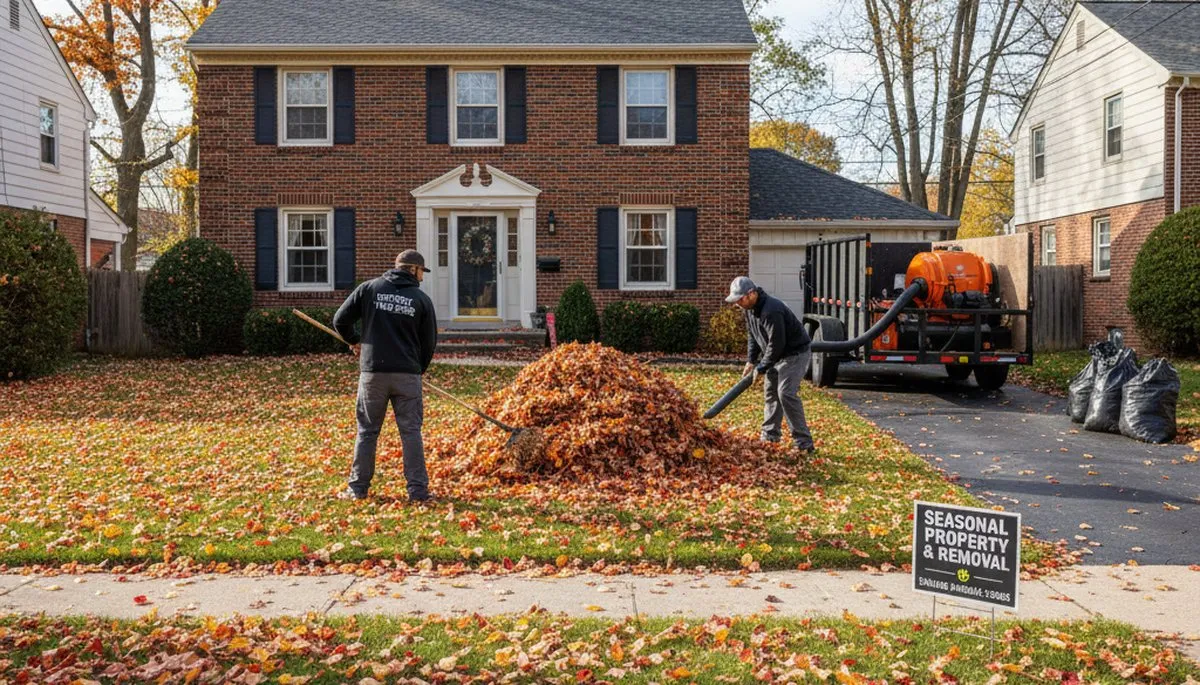 Landscapers raking and bagging fall leaves during yard clean up in Detroit, MI