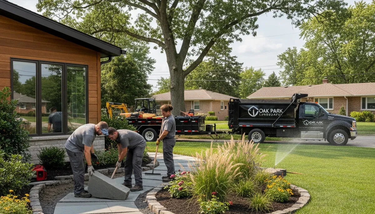Landscaping crew providing lawn care and yard maintenance in Detroit, MI