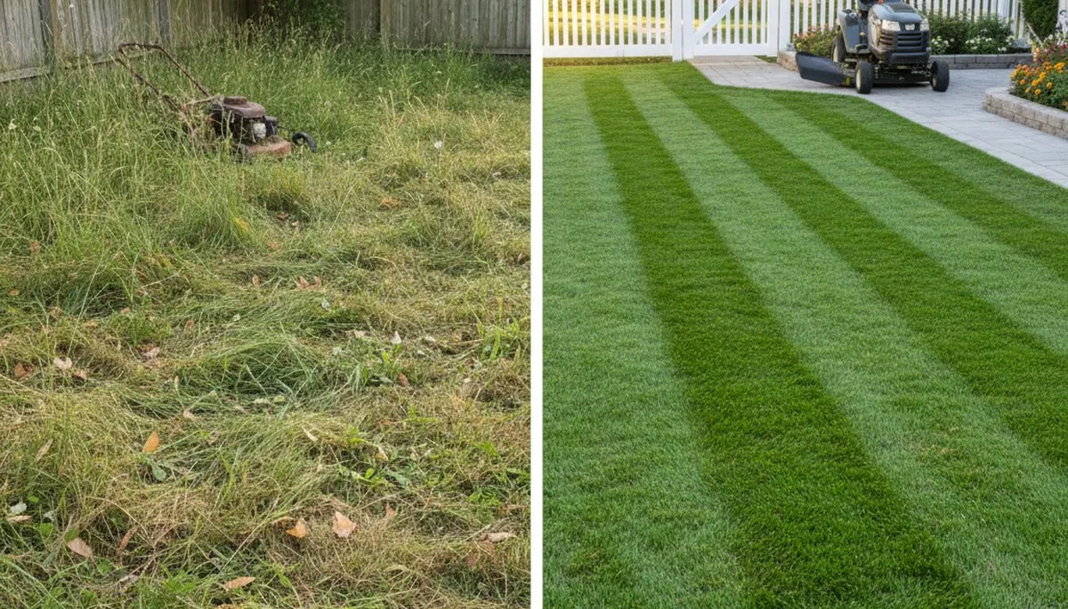 Overgrown to freshly mowed lawn transformation by professional landscapers in Detroit, MI