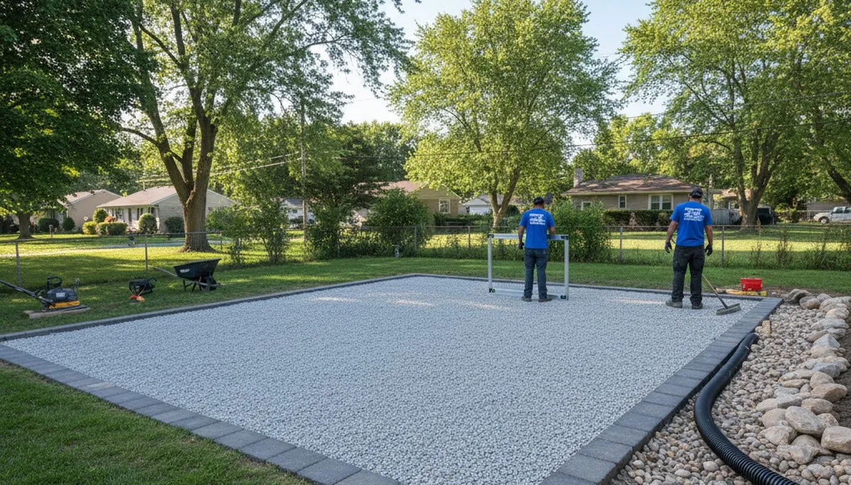Professional shed foundation and base prep with gravel pad by Detroit MI landscaping experts