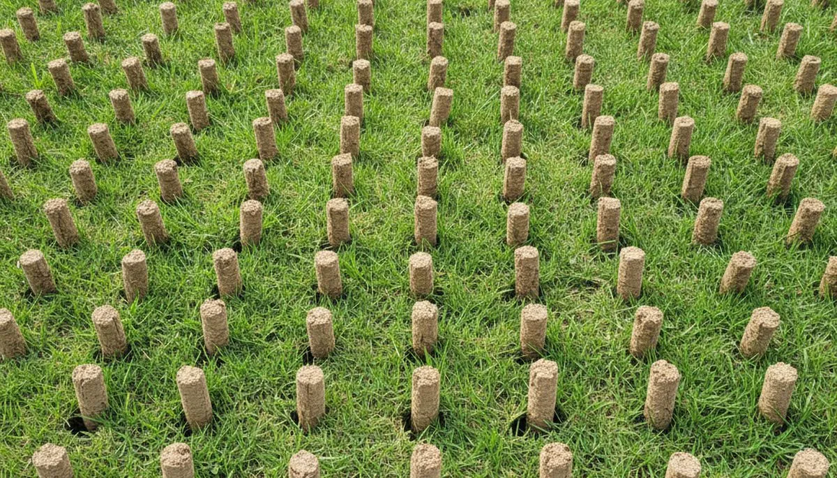 Close-up of soil core plugs after professional lawn aeration on a Detroit, MI yard