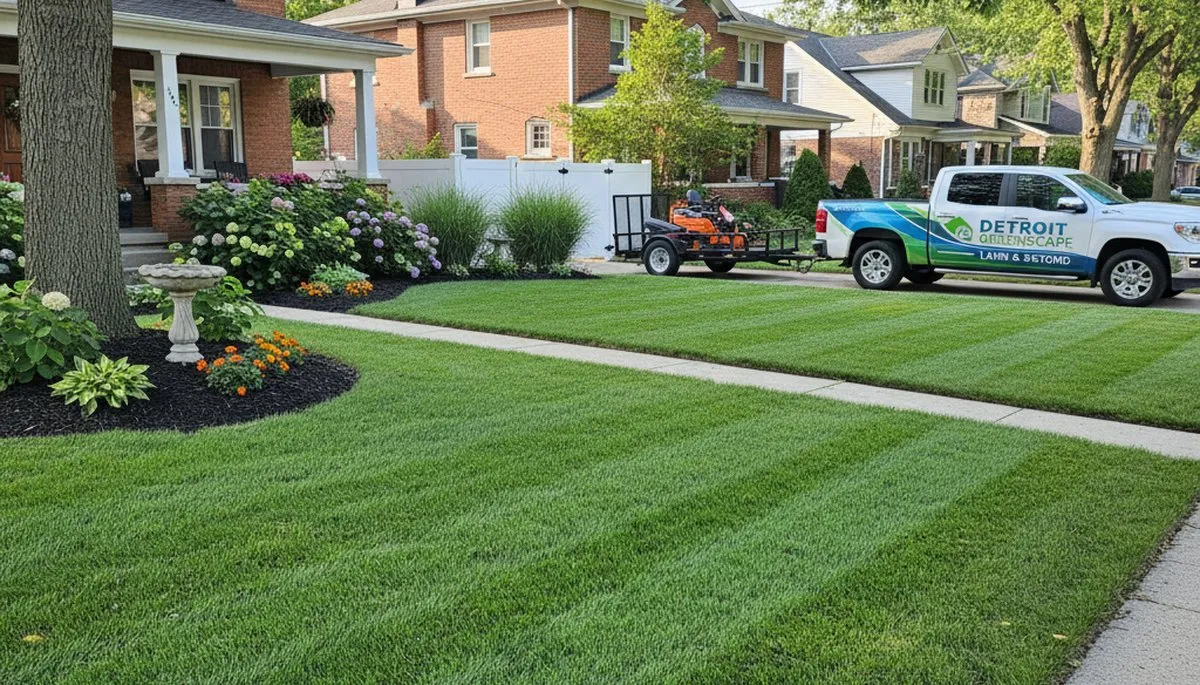 Professional lawn maintenance at a Detroit MI home with lush grass, clean edges, and expert landscaping care